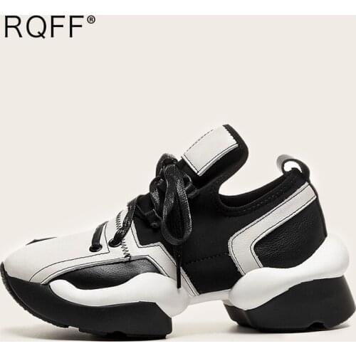 White Sneakers Casual Fashion Sports Plus Size 41 43 Genuine Leather Lace Patchwork Spring Autumn New Platform Shoes Women 2020