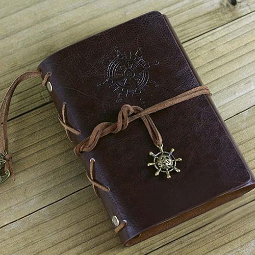 1Pc Dark Coffee Color Faux Leather Retro Embossed Helm Leaf Pendant Journal Travel Blank Diary A5 Loose-leaf Notebook