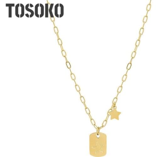 TOSOKO Stainless Steel Jewelry Five Pointed Star Square Pendant Sweater Necklace Womens Fashion Clavicle Chain BSP828