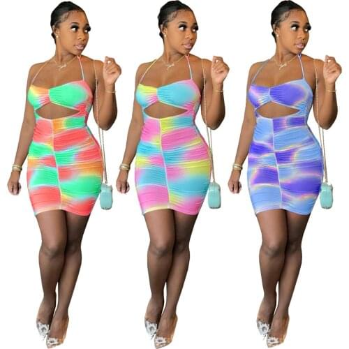 Chiclover Birthday Dresses for Women Wholesale Item Sexy Bodycon Dress Print Halter Pleated Hollow Out Mini Dresses Dropshipping
