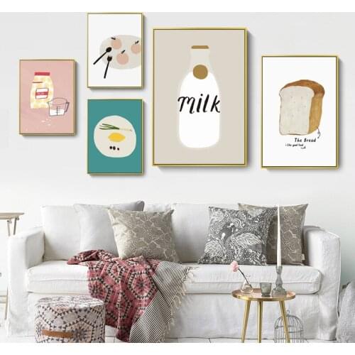 Restaurant Decorative Painting Breakfast Milk Bottle Bread Cartoon Modern Hanging Mural Wall Art Canvas Wall Painting Cute