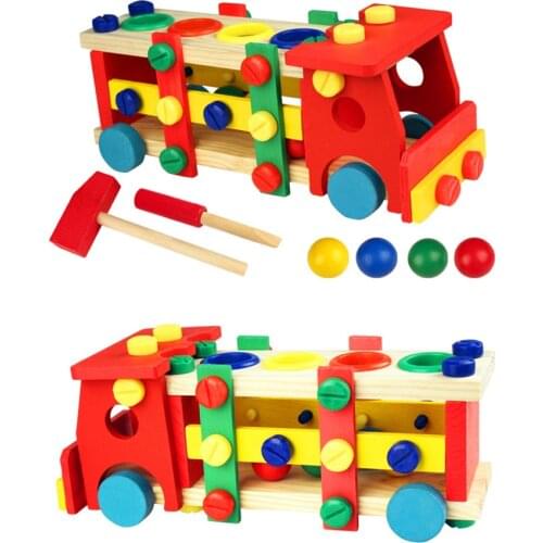 Wood Educational Montessori Toys DIY Assemble Screw Disassembly Car Knock Ball Toy For Children Screw Nut Combination Block Toys