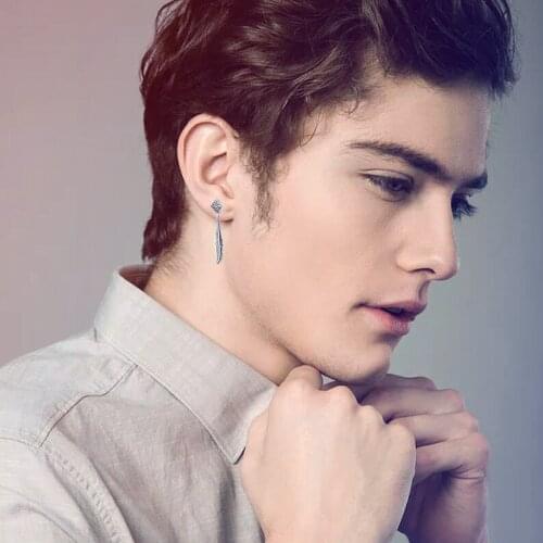 GorGor Stud Earrings Men Stainless Steel Pattern Feather Pendant Vintage Style Minimalist Party Fashion Accessories TE-578