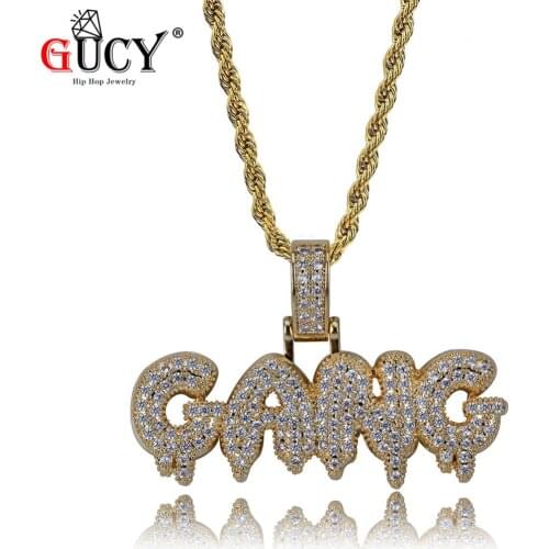 GUCY GANG Letter Pendant Necklace All Iced Out Micro Paved CZ Stones Gold Silver Color Hip Hop Mens Necklace Gift Party
