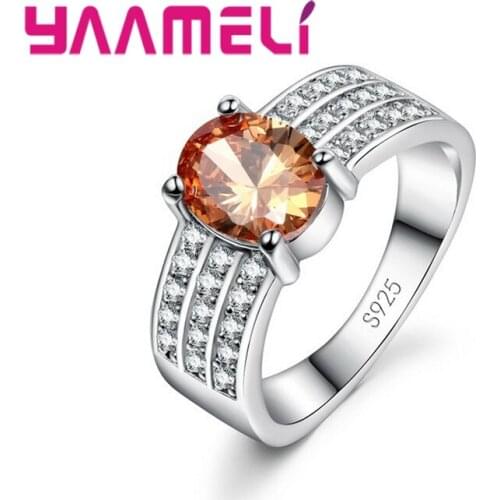 925 Sterling Silver Wide Face Ring Embellishment White Crystal Warm Brown Oval Shape Wedding Proposal Jewelry