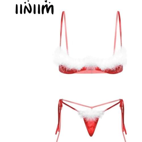 Womens Sexy Costumes Christmas Exotic Lingerie Set Spaghetti Straps White Feather Trim Underwired Bra Top with Briefs Panties