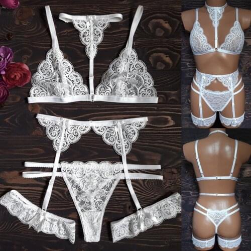 3 Piece Women Lace Lingerie Set Sexy Halter Wireless Bra And Panty Set Bow Thong Leg Ring Underwear lenceria sensual mujer d4