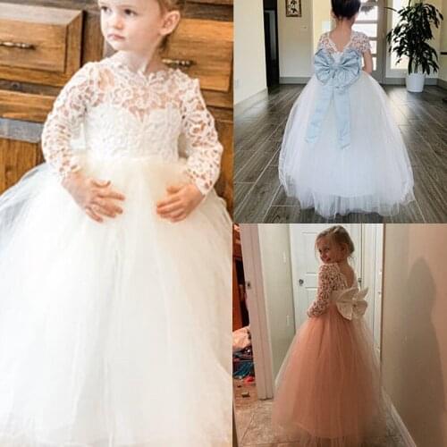 Lace And Tulle Flower Girl Dresses Long Sleeve O-neck Sheer Wedding Gowns for Kids V-Backles sBirthday Party Girl Dresses