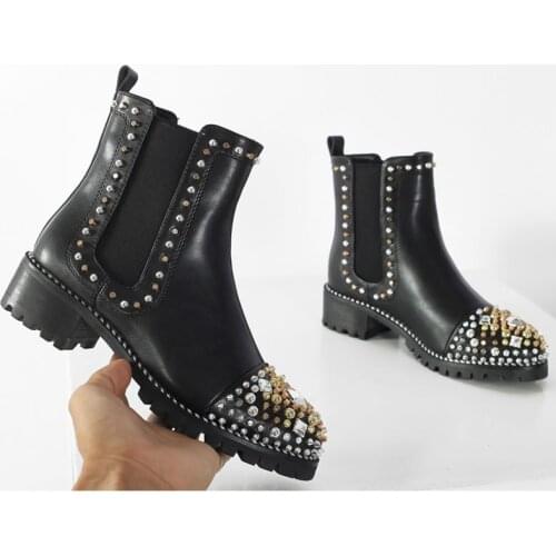 Autumn Women Black Leather Rivets Studs Rivets round toe Martin Boots Bling Slip on Ankle Boots Shoes Ladies Bottines mujer