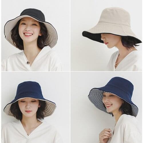 Zebra Striped Sun Hat Summer Women Double-sided Fold Cotton Polyester Sun Beach Hat Big Wide Brim Sunscreen Female Bucket Hat