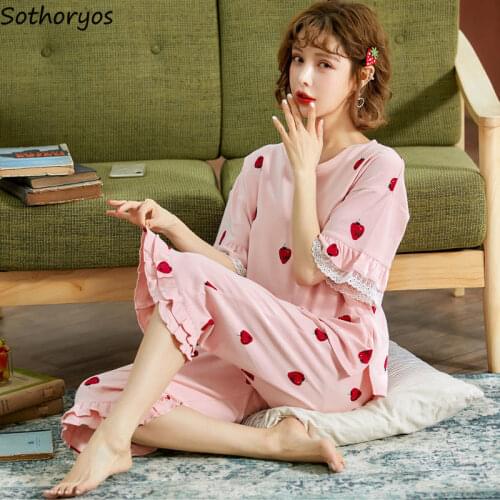 Pajama Sets Women Printing Ruffles Strawberry Pink Girls Plus Size 5XL Novelty Comfortable Home Clothing Intimate Lazy Cooling