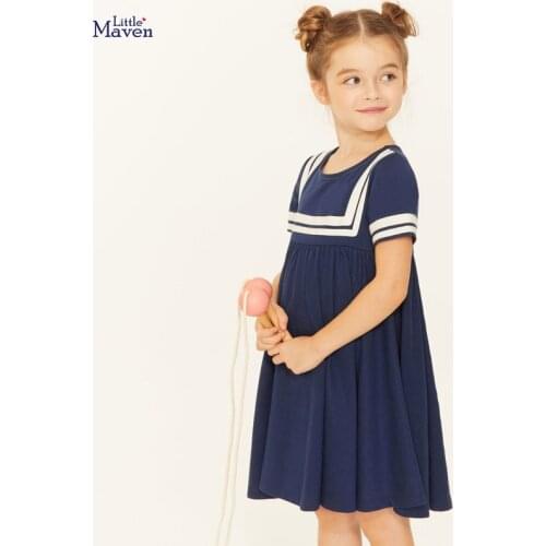 Frocks for Girls 2021 Summer Baby Girl Vestiods Children Clothes Cotton Navy Blue School Draped Dresses for Kids 2-7 Years S0883