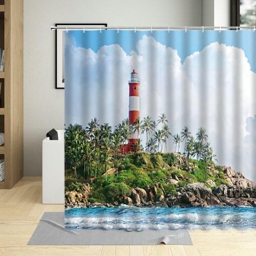Seaside Nature Scenery Shower Curtain Nautical Lighthouse Landscape Bathroom Decor Waterproof Hanging Curtains With 12 Hooks