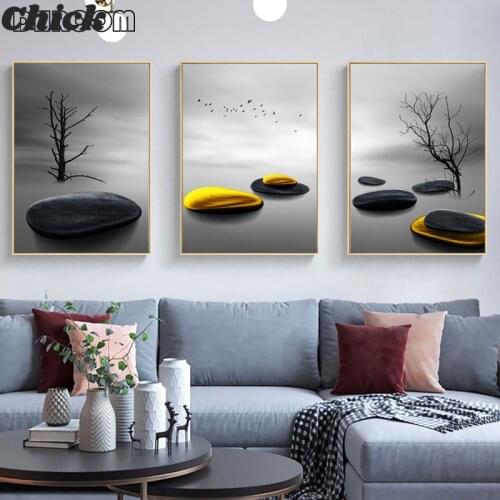 Modern Minimalist Landscape Prints Trees and Birds Poster Nordic Golden Stone Canvas Painting Wall Art Picture Living Room Decor