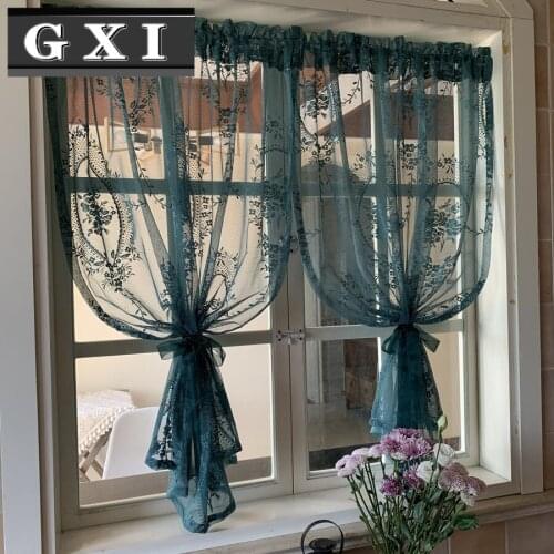 Dark Green French Retro Green Sheer Curtains for Living Room Short Tulle Curtain for Kitchen Cupboard Drapes Window Valance