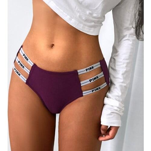 PINK Letter Thin Belt Sexy Hollow Out Womens Panties Low-Waist Breathable Underwear Cotton Female Briefs Intimates Lingerie