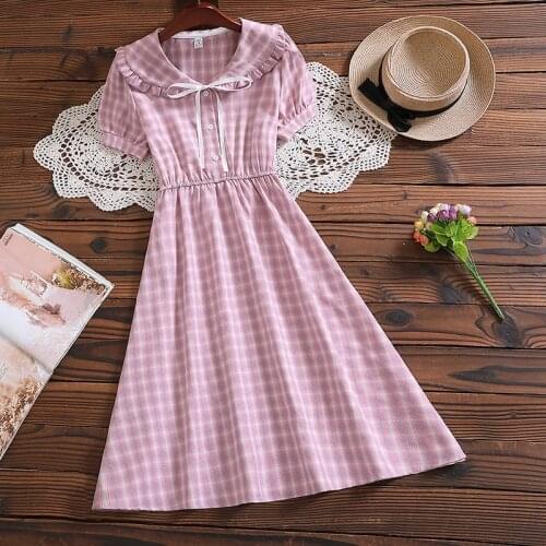 Mori girl vestidos summer fashion new arrival short sleeve women plaid dress