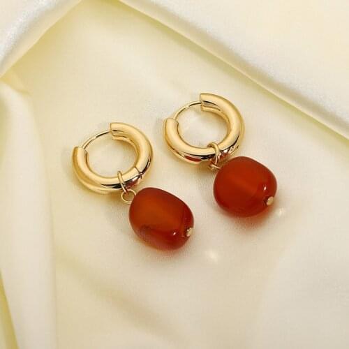 Vintage Geometric Earrings Red Natural Stone Round Drop Earrings INS Light Luxury Design Wedding Jewelry Women Jewelry Gifts