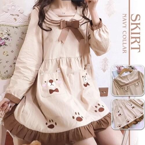 Japanese Sweet Sailor Collar Dress Lolita Small Fresh Bowknot Kawaii Bear Pockets Dresses Long Sleeve Gothic Student Dress