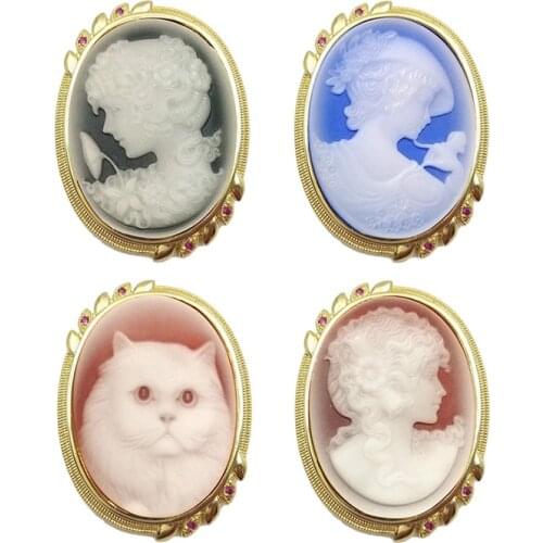 Natural Agates Cameo Lady Queen Cameo Pendant For Women Cute Cat Head Cameo Gold-Plated brooches for wedding party