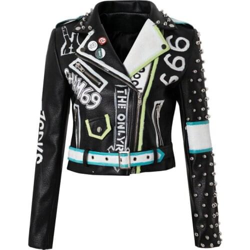 Women Punk Rock Rivet Leather Jacket with Belt Funny Joker Printing Graffiti Motor Biker Clothing