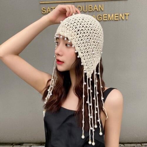 Women Handmade Knitted Beanie Hat Lady Crochet Pearl Skullies Beanies Vintage Female Fashion Tassels Beanies