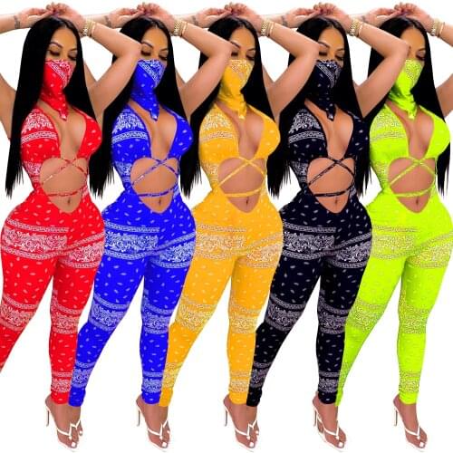 SUJYing Bandana Shawl Print Sexy Jumpsuits For Women Hollow Out With Mask Playsuit New Fashion Bandage Women Sexy Jumpsuit