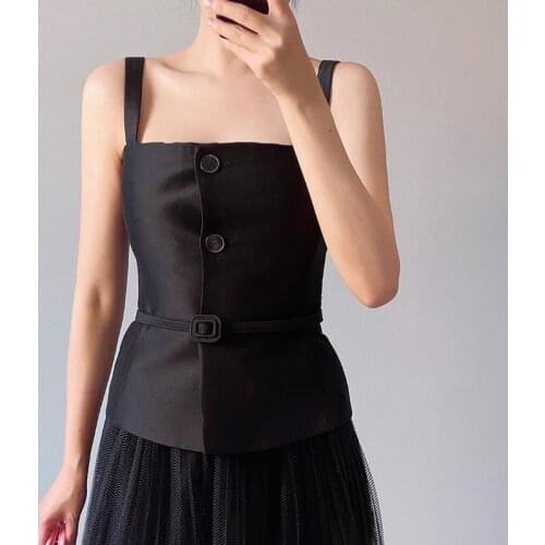 Black Sashes Slim Vests For Women Square Collar Sleeveless Straight Solid Sexy Camis Female 2021 Summer Fashion Clothing New