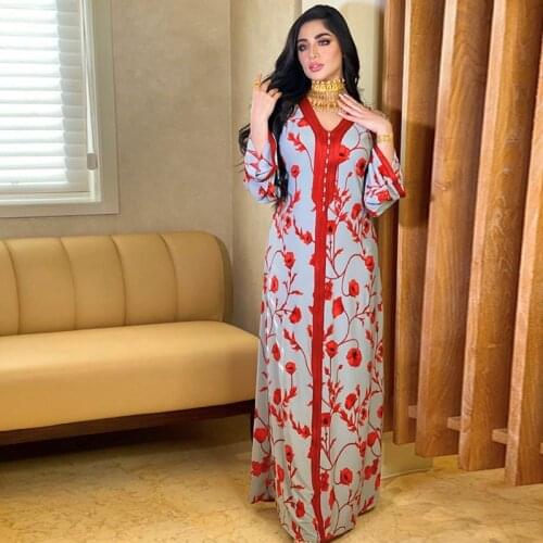 Vintage Floral Print Maxi Dress Women V Neck Long Sleeve Loose Indie Folk Turkey Muslim Arabic Elegant Lady Islamic Clothing