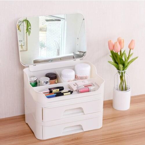 2 Layers White Cosmetic Storage Box Drawer Type Sundries Jewelry Container Case with Mirror Large Capacity Dust Cover