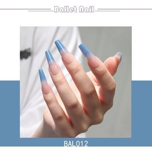 24Pcs/Set Blue Gradient Detachable Fashion Manicure Patch Wearable Long Coffin Fake Nails Full Cover Nail Tips With Glue