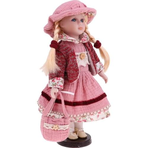 30cm Porcelain Doll Vintage Girl People Figure with Pink Dress Handbag Suit Collectible