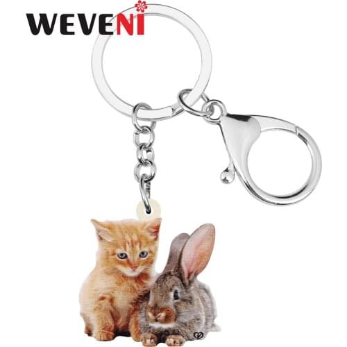 WEVENI Acrylic Easter Cat Hare Rabbit Bunny Keychains Keyring Long Print Pet Animal Key Chain Jewelry For Women Kid Charm Gifts