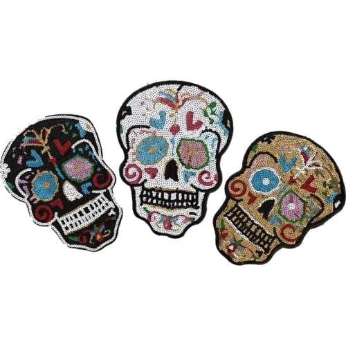 Big sequined colorful skull iron on sewing on patches for jackets shirts diy making