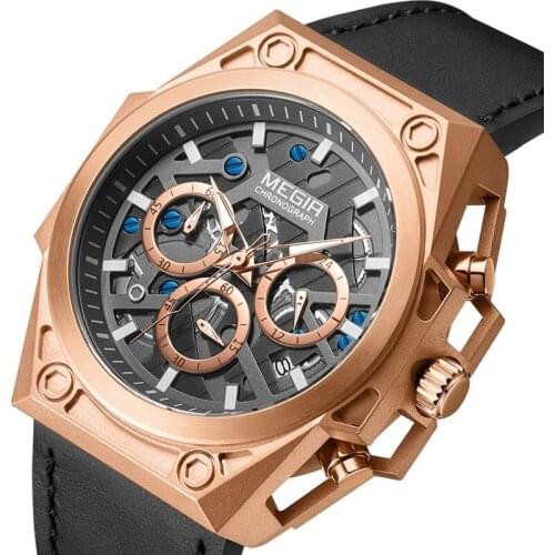 MEGIR Official Mens Skeleton New Quartz Wrist Watch Man Stainless Steel Case Sports Chronograph Waterproof Quartz Wristwatches