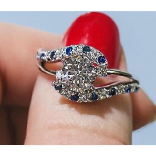 Hot sale fashion Round Blue Zircon Rings for Women Filled Zircon May Birthstone Ring Wedding Party Jewelry