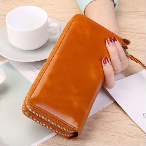 Double Zip Genuine Leather Wallet Women and Men Oil wax cow leathe Purse High Quatily Long and Strap Wallet Double Zipper