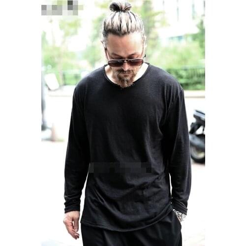 Mens spring new solid color round neck loose simple versatile trend casual long sleeve T-shirt bottoming shirt Korean version