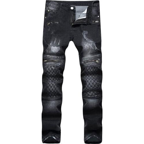Mens Zipper Locomotive Jeans Small Code 28 Fold Jeans Slim Pants Big Size 42 Zipper Multi-pocket Jeans