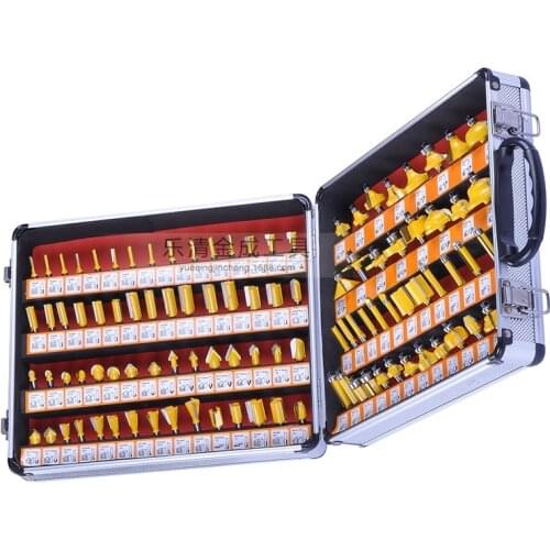 100PCS 1/4" Shank Tungsten Carbide Router Bit Set Wood Woodworking Cutter Trimming Knife Forming Milling w/ Wood Case box