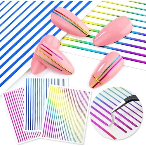 NAILCO Rainbow Color Series Stripe lines Nail Sticker Ornament Decal 3D Gold Nail Sticker Decorative Lines Metal Tape Decoration