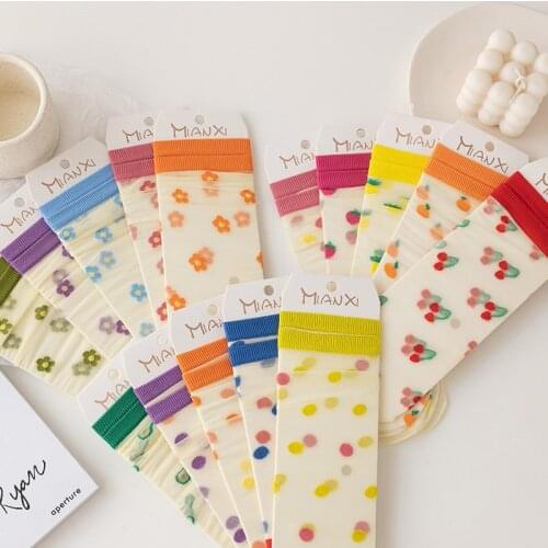 4 pairs New Fashion Harajuku High Quality Creative Crystal Silk Ultra thin transparent soft avocado strawberry dot women socks