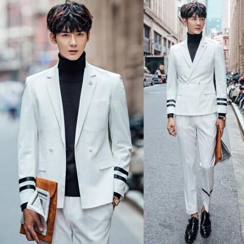 2017 New Mens clothing Hair Stylist GD Slim summer Double breasted suit Sailor suit formal dress singer costumes