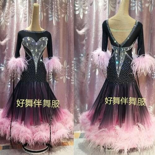 Ballroom dance dress ballroom dance competition dresses gradient Modern Waltz Tango Dance Dress ostrich feather dress pink