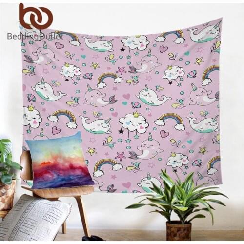 BeddingOutlet Cute Whale Tapestry Narwhal Unicorn Wall Carpet Cartoon Pink Wall Hanging Clouds Rainbow Tapiz Home Decor Dropship