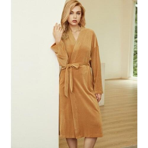 Simple Long-sleeved Cardigan Womens Nightgown Home Servic Autumn and Winter New Style V-neck Casual Comfortable Pajamas Women