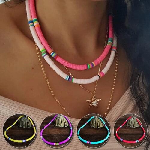 Rainbow Color Disc Vinyl Clay Bead Boho Necklace Choker Women Men Heishi Necklace Summer Colorful African Surf Couple Jewelry