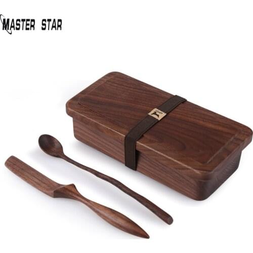 Master Star Top Grade Japanese-style Natural Black Walnut Wood Lunch Box wooden Bento Box&Spoon,Knife Sushi Boxes Bowl