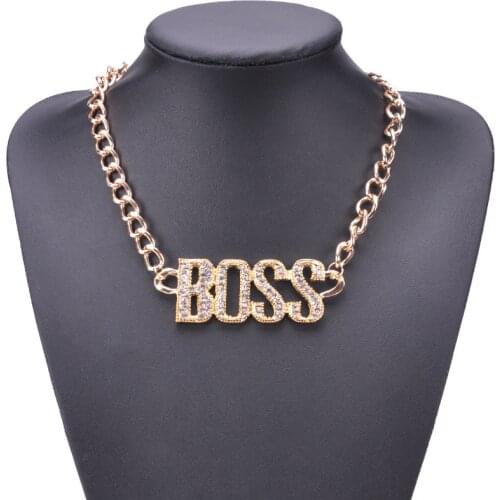 Yidensy Punk Crystal Letter Boss Pendant Necklaces Gold Silver Color Wide Flat Chain Necklace Hip Hop Jewelry for Men Women