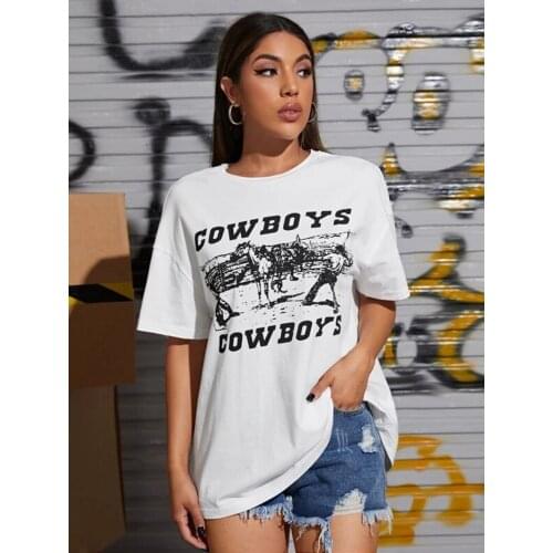 80s 90s American Vintage Cowboy Printed Women Graphic Tees White Cotton Oversized Style T Shirt Ins Fashoin Short Sleeve Tops